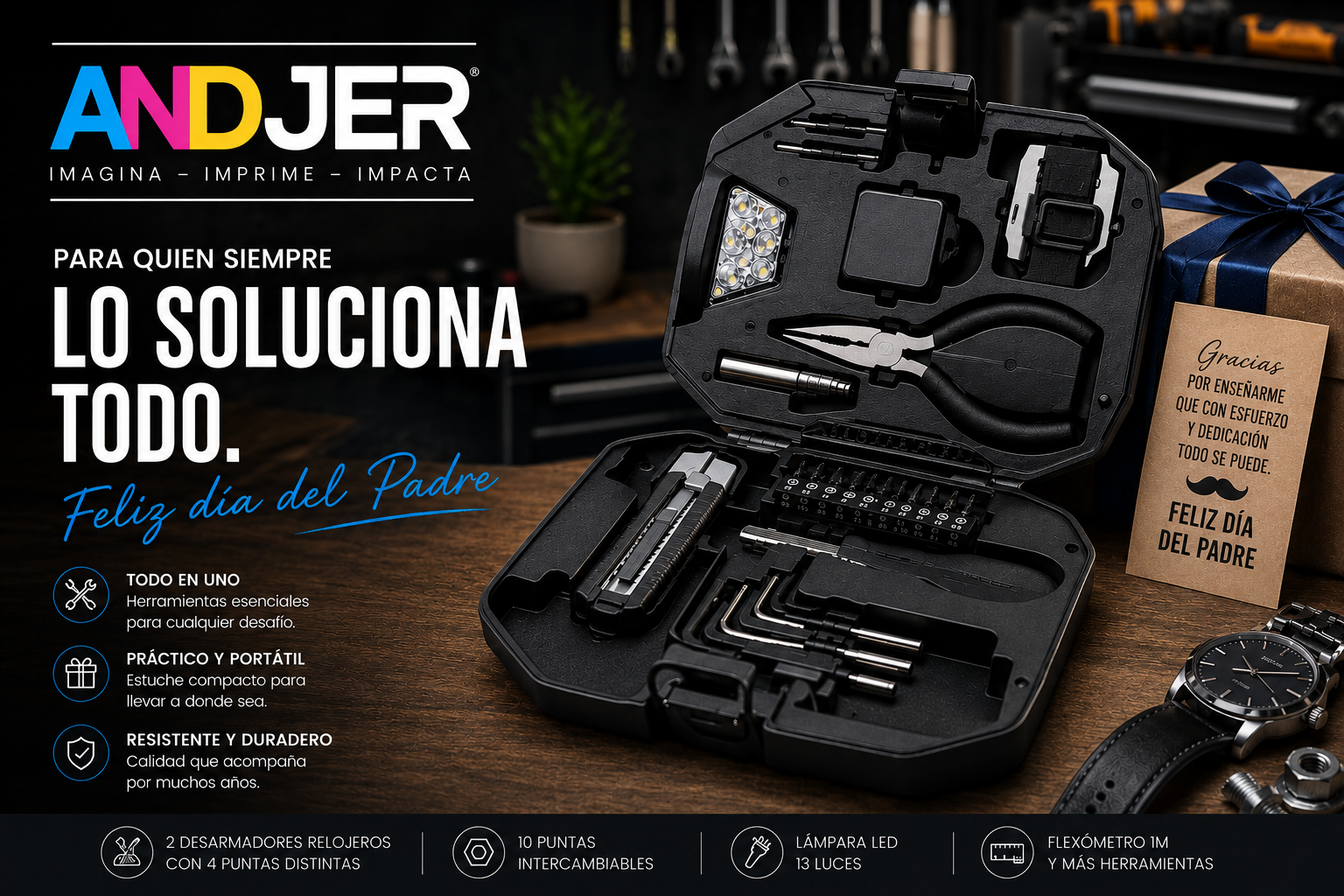 Set de herramientas premium promocional para campaña del Día del Padre marca ANDJER.